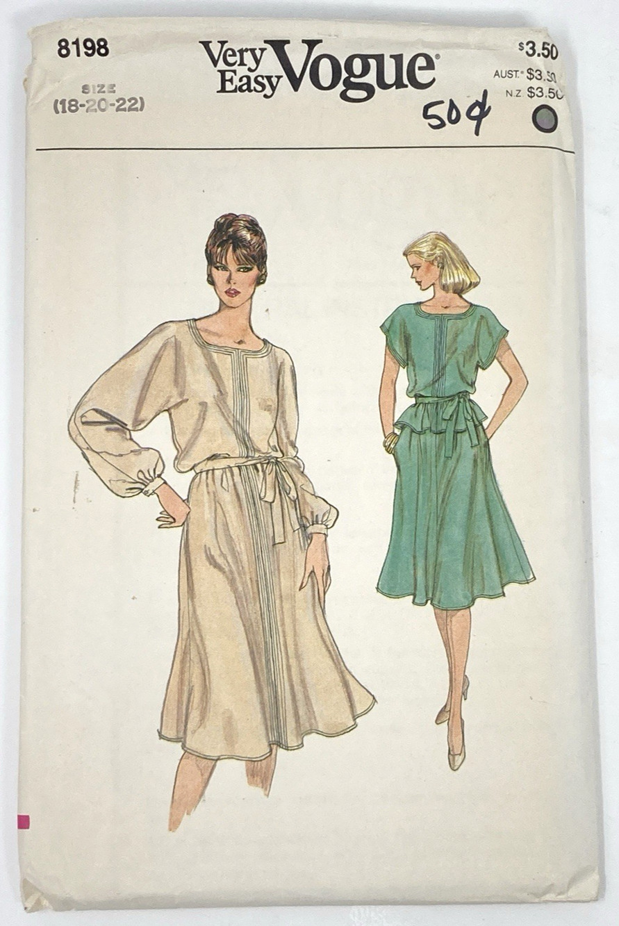 '80s A-Line Dress, Top, Skirt, Belt Very Easy Vogue 8198 Misses 18-22 UNCUT